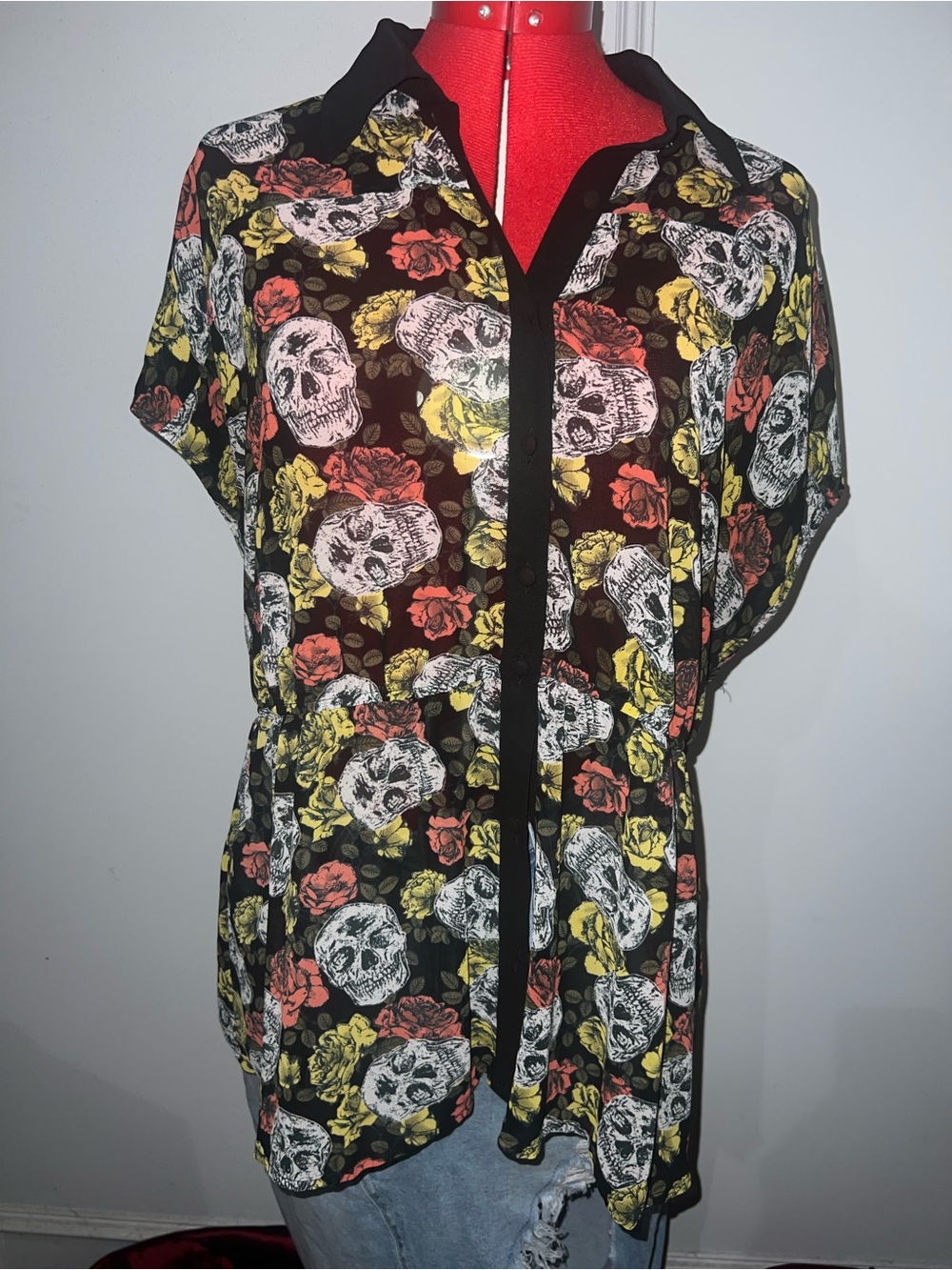 Torrid Black Sheer Button-Front Blouse White Skulls and Red & Yellow Roses 1x